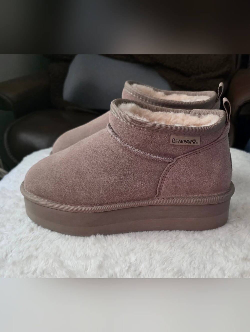 Bearpaw Retro Super Shorty Platform Boots In A Taupe/Mushroom Shade
